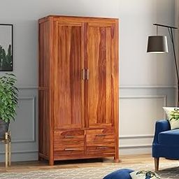 MANNAT ARTS Wooden 2 Door Wardrobe Organizer for Storage with 4 Drawer 2 Shelves Storage & Hanging Space - Sheesham Wood Cupboard for Bedroom - Wooden Almirah Organizer for Clothes Storage (Design 46)-image-104