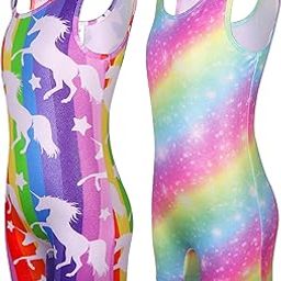 LUOUSE 2 Packs Gymnastics Leotards For Girls With Shorts Unicorn Mermaid Leopard Rainbow Kids Dance Unitards Biketards, 26 Rainbow Unicorn, 7-8 T-image-9