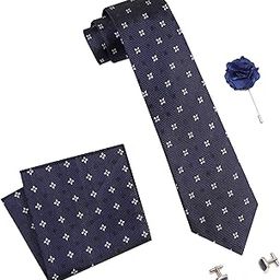 Mens Plaid Dotted Silk Necktie Gift Set With Pocket Square Cufflinks & Brooch Pin Formal Tie With Leatherite Box (Blue 4D2BLRX Free Size)-image-46