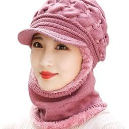 Fleece Winter Hat Beanies Women's Crochet Hat Scarf/Warm Breathable Wool Knitted Crochet Hat for Women Double Layers Protection Caps - Pink Color-image-20
