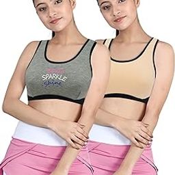 Sports Bra for Girls, Cotton Non-Padded Full Coverage Beginners Non-Wired T-Shirt Gym Workout Bra with Regular Broad Strap, Activewear Training Bra for Teenager Kids (2 Pcs) Skin-1