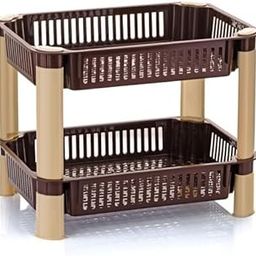 Finner Plastic 2 Layer Multipurpose Shelf Stand Basket Rack for Kitchen Storage Vegetable Organizer Easy-to-Move Slide Out for Kitchen Office, Fruits Onion Basket Stand- (Brown)-18