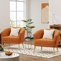 Fine Wood Art - Upholstered Velvet Swan Metal Accent Chairs Metal Legs, Set of 2, Chair in Tuffted Design Round Back Chair for Living Room, Bedroom, Hallways (Orange)-image-74
