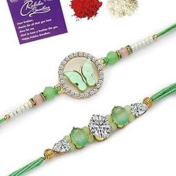 Unique Butterfly Design Gold Plated AD Stones & Beads Studded Green Combo Rakhi for Brother with Roli Chawal & Greeting Card|Set of 2|CBRAK107441-image-67
