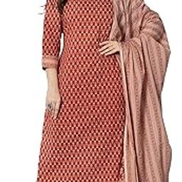 Women's Cotton Printed Kurta with Pant and Dupatta - (Terracotta Red)-30