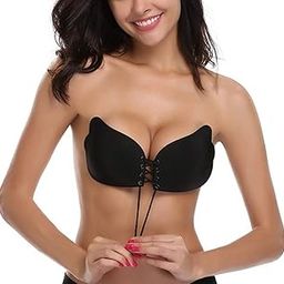 Women's Lightly Padded Self Adhesive Strapless Bandage Underwire Backless Solid Invisible Stick Gel Silicone Push Up Underwear Bra (Free Size) Black-picture-14