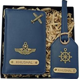 Mekhush 02 Pieces Personalized Leather Gift Set – Passport & Luggage Name Tag with Customised Name & Charm | Corporate Gifting Option for Office Employees & Clients (Dark Blue)-image-48