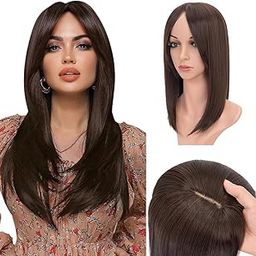 Layered Synthetic 3 clip Hair Topper for Women with Thinning Hair – 18" Long Straight Topper with Bangs Large Silk Base | Invisible Clip-in Hairpiece brown 1 pcs-16