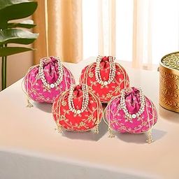 Kuber Industries 4 Pcs Polyester Potli Bags for Women | Traditional Indian Zari Work Potli Bag | Ladies Batwa Purse for Return Gifts | Drawstring Handbag & Khajoor Wristlets - Pink & Red-12