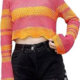 Women's Korean Style Knitted Sheer Crochet Long Sleeve Hollow Out Colour Block Print Crop Top T-Shirt Sweater (One Size Fit XS-S-M Bust 32-36 Inch) 29-image-3