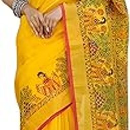 Women's Printed Linen Cotton Saree With Unstitched Blouse Piece (ST Kalamkari Yellow_Yellow_Free Size)-picture-10