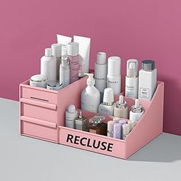 RECLUSE Pink Vanity Makeup Organizer, Desk Organizer with Multi-layer Drawers, Multifunctional Cosmetic Box, Eyeshadow Palettes & Beauty Supplies Ideal Organizer for Bedroom,Bathroom Countertops-17