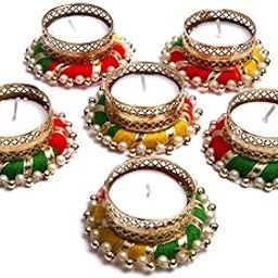Prapti Handicrafts Handcrafted TeaLight Candle Holders Pack of 6 Units for Diwali Decoration/Diya with Candles, Metal-image-11