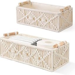 Macrame Storage Baskets Boho Decor Box Handmade Woven Decorative Countertop Toilet Tank Shelf Cabinet Organizer for Bedroom Nursery Livingroom Home, Set of 2-image-53