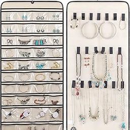 ASFUN Hanging Jewelry Organizer,Double Sided Jewelry Storage with Hanger,24 Clear PVC Pockets and 15 hook loops for Holding Necklaces, Bracelets, Rings, Earrings (Biege)-image-19