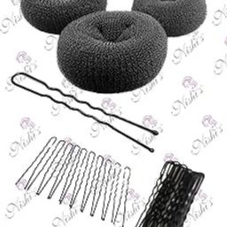 Nishi's Combo Hair Donut Bun Maker And Juda Pins (DonutJudaP-3(30), Hair Styling Tools Hair Donut Bun (Two Medium And One Small Size) With U-Pins (30 Pcs - 7Cm) Black-7