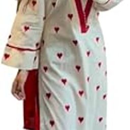 Women's Heart Print V Neck Kurti with Pants and Dupatta Set Red White-picture-46