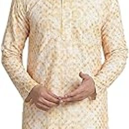 (Since 1958 Men's Cotton Gold Sequinned Embroidered White & Yellow Long Kurta-picture-22