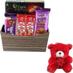 SFU E Com Chocolates Gift Hamper With Wooden Basket | Valentine Teddy Bear With Chocolate Combo | Valentine Chocolate Hamper | 1021-image-0