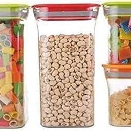 Sb Ambaliya 4 Pc Container Plastic Air Tight Unbreakable Square Storage Box/Cereal Dispenser Jar, 1100ml 2 Pc and 600ml 2 Pc Storage Container Combo-12