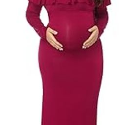 Maternity Fitted Elegant Gown Long Sleeve Off Shoulder Ruffles Maxi Photography Dress for Photoshoot-image-46