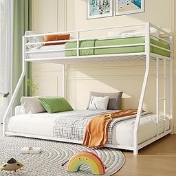 Metal Bunk Bed Twin Over Full, Modern Style Bunk Bed with Curved Edges Safe Guardrail for Small Space, Loft Bed for Kids Teens, Noise Free, No Box Spring Needed, White-image-87