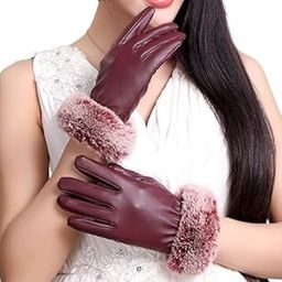 Women's Winter gloves Soft Warm Touch Screen Gloves for Cold Weather Windproof Covered Finger faux fur on the inner for cold weather Women Cute design Plush Fur Cuff Stone Crafted (Red)-image-81