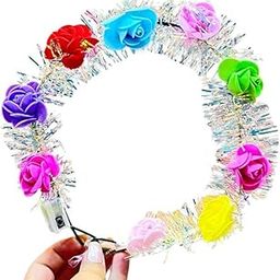 LED Light Flower Crown, Glitter Reflective Tinsel Wreath Headband Luminous Headwear, Hair Tiara with 3 Modes for Girls & Women - (Multicolor, Pack of 1)-43