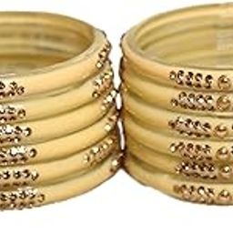Handmade Off White Glass Bangles Golden Stone With Round Kundan Set Of 12-picture-15
