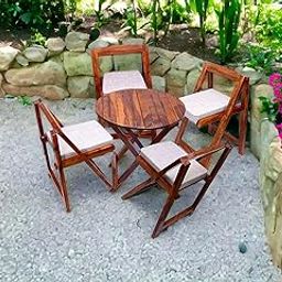 Sheesham Wooden Patio Dining Set Foldable Chairs and Table for Balcony Garden and Outdoor (4 Seater, with Round Table & Cushion)-19