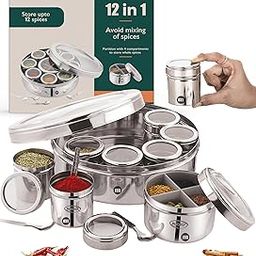 MARU 12 IN 1 Spice Box Stainless Steel with Middle Container Partitions | Masala Dabba Steel Masala Box For Kitchen Steel | Masala Dani For Kitchen See Through Lid (Size 13 Large 21.5cms) Silver-image-69