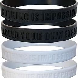 GOMOYO Nothing is Impossible, Exceed Your Own Expectations Motivational Silicone Wristbands, Rubber Bands for Fitness, Workouts, Crossfit, Basketball, Lifting (Black & White 4 Pack (2 Each))-image-23
