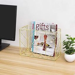 25514 Minimalist Metal Magazine Holder with Geometric Design, Desktop Paper File Folder and Document Organizer Bin - Golden-image-2