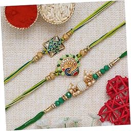 eCraftIndia Multicolor Set of 3 Peacock, Flower, Beads, Pearls Designer Rakhis with Roli Chawal Pack - Rakhis for Brothers-83