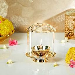 Klassic Swastik Akhand Diya with Borosilicate Glass Shade for Mandir, Decorative Brass & Glass Oil Lamp Lantern Diya with Glass Cover for Prayers, Cylindrical Borosilicate Glass Brass Diya-image-90
