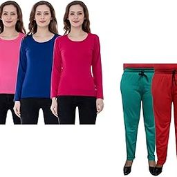 IndiWeaves Women Winter Wear Solid Cotton Full Sleeves T-Shirt and Fleece Warm Lower/Track Pants (Pink,Royal Blue,Magenta,Rama Green,Red, 42-XXL) Pack of 5-image-11