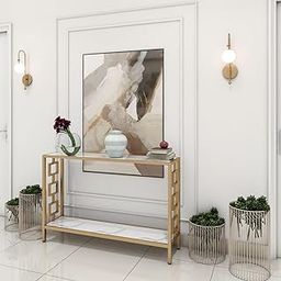 Iron Metal with Engineered Wooden top Console Table/end Table for Entry Way Behind Sofa, Living Room, Dining Room, Office, Home Decor Gold and White Marble Look (White Gold)-10