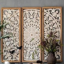 The Wooden Shoppee Luxury Hand-Carved Wooden Wall Panel – Elegant 3-Piece Mandala Decor, Intricate Floral Design, Rustic Whitewashed Finish, Large Decorative Wall Art for Living Room, Bedroom, Farmhouse & Entryway (36"x36"Inch)-image-12