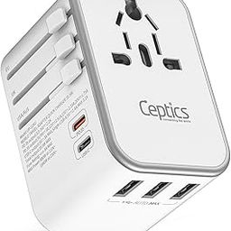 Ceptics 6 in 1 Universal Travel Adapter with Type C - Worldwide Travel Adapter, Universal Plug Socket, 3xUSB-A, 1xPD/QC 3.0 & 1x USB-C, W/3.1A Fast Charging - International Travel Adapter - White-56