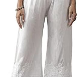 Women's Regular Fit Mid Rise Lucknowi Chikankari Hand Embroidered Cotton Palazzo Pant A711142-18