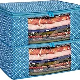 Homestrap set of 2 Cotton Quilted 3 Layered Foldable Saree Covers/Clothes Storage Bag/Wardrobe Organizer With Transparent Window And Zip For Lehenga, Suit, Dress,& Accessories (Blue)-image-82