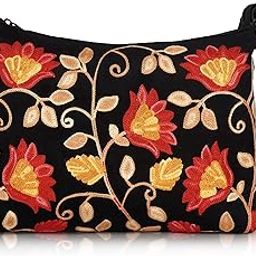 Floral Embroidered Crossbody Sling Bag, with Turquoise Flowers-image-56