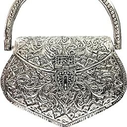 Women's Brass Metal Ethnic Clutch Handle Bag (Silver)-image-44