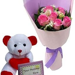 EG2i Fresh Pink Roses Flower Buke with Green Fillers & Cute Teddy Bear| Real Flowers Bunch for Birthday, Valentine’s Day, Friendship, Loved Ones & Anniversary|Elegant Gift Wrapping | Same-Day Delivery-image-25