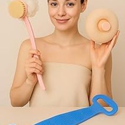 JUNJULA 3PCS-2 in 1 Body Brush - Back Body Loofah Brush Long Handled, Round Loofah Scrubbing Brush Ultra Soft Bath Sponge Pouf Body Scrubber,Silicone Body Back Scrubber - Double Side Bathing Brush-image-99