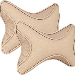 DHANVINE Car Dotted Beige Neck Rest Cushion Pillow Set of 2 Pcs Compatible with Hyundai Grand I10 Nios Facelift-picture-2