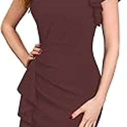 Girl's & Women's Asymmetrical Sleeve Ruffle Trim Cocktail Party Fitted One Piece Knee Length Midi Dress for Women Stylish Dresses (Midi 169)-image-98