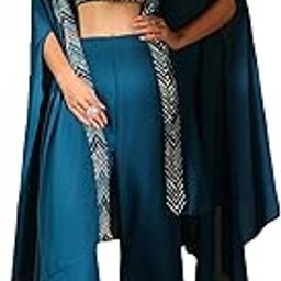 Teal Georgette Top with Pant and Cape for Women Sequined Print Ethnic Wear-image-1