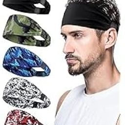 DC FLY Men's Sports Headband, 5-Pack, Sweat-Wicking, Stretchy Hair Band Sweat Absorption, for Exercise Running Fitnes, Black and Printed Designs. (Black, Army green, Blue Camouflage, White black, Red)-image-54