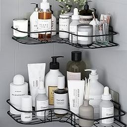 Corner Shower Shelf for Bathroom | Pack Wall Mounted Storage Rack with Adhesive Hooks – Black Metal Corner Organizer for Shampoo, Toiletries, Kitchen, and More - Set fof 2-31